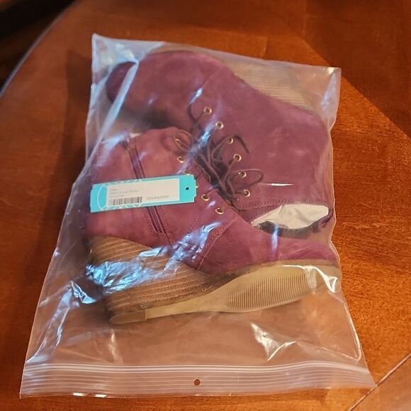 Diba Blake Leather Suede Ankle Lace Up & Zip Up Wedge Heeled Boots, Burgundy - Picture 10 of 10